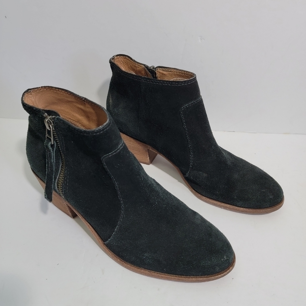 Madewell Women's Black Leather Suede Booties Sz 9.5 Side Zip Chunky Block Heel